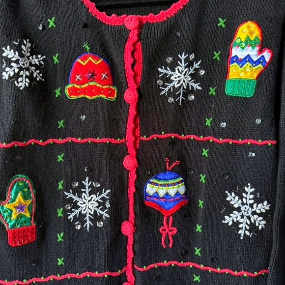 Cherokee Women's Vintage Embroidered Mittens Christmas Cardigan Sweater, Black,L - Picture 8 of 8